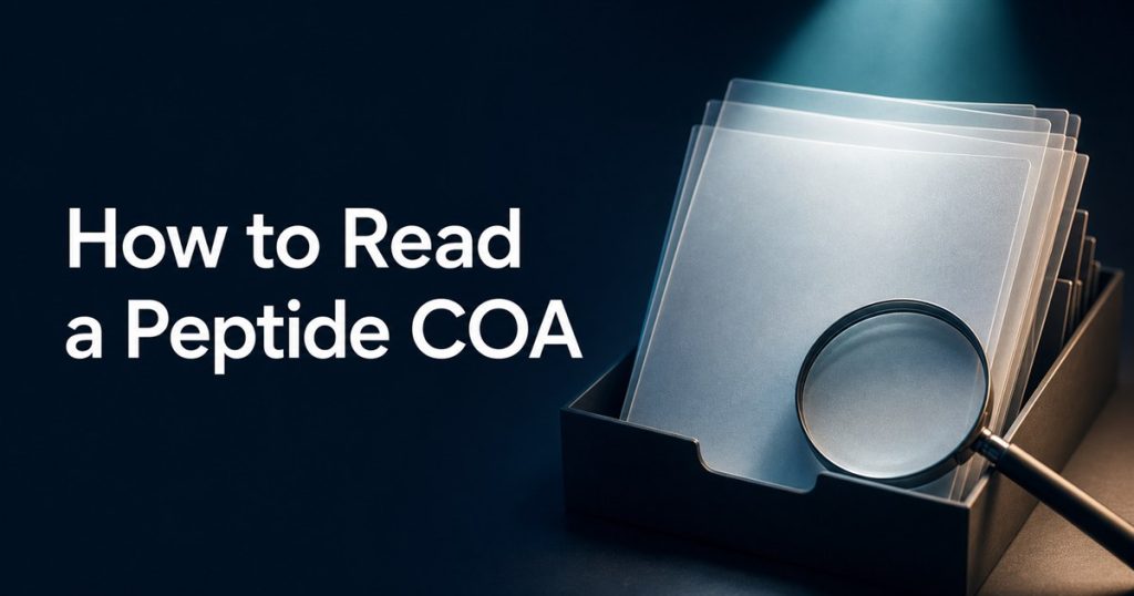 How to Read a Peptide COA title beside blank translucent records and a magnifying lens