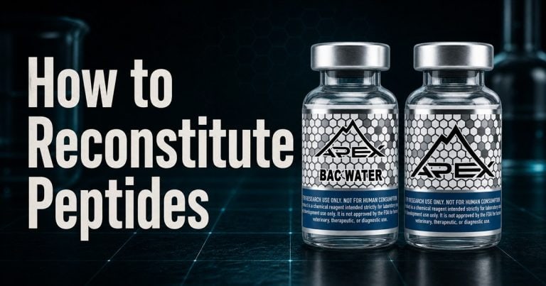 Apex BAC Water and research-peptide vials beside the title How to Reconstitute Peptides