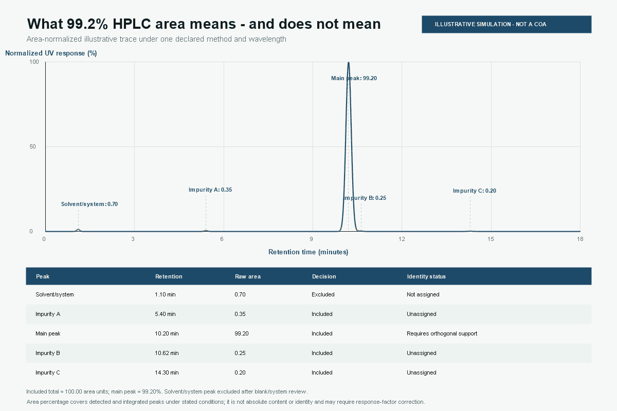 Illustrative HPLC chromatogram with a 99.20 percent main peak, three included impurity peaks, and an excluded system peak
