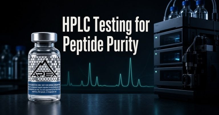 Generated Apex-style research vial beside an HPLC instrument under the title HPLC Testing for Peptide Purity