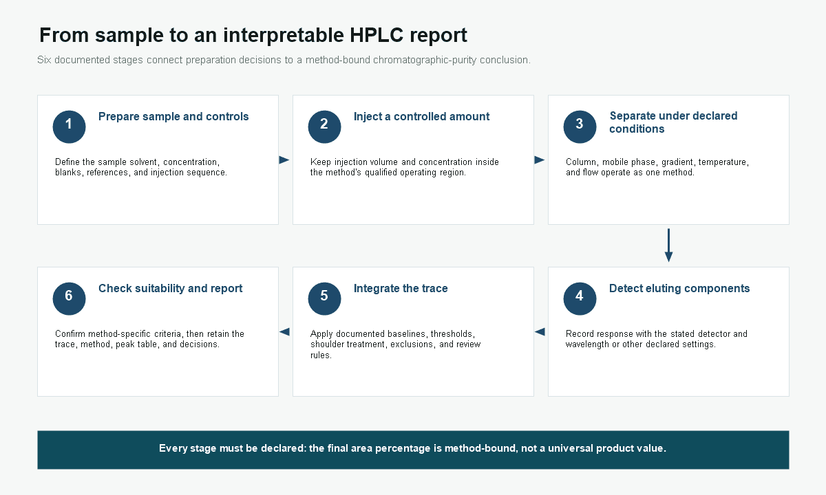 Six-stage HPLC workflow from sample preparation and controlled injection to suitability review and reporting