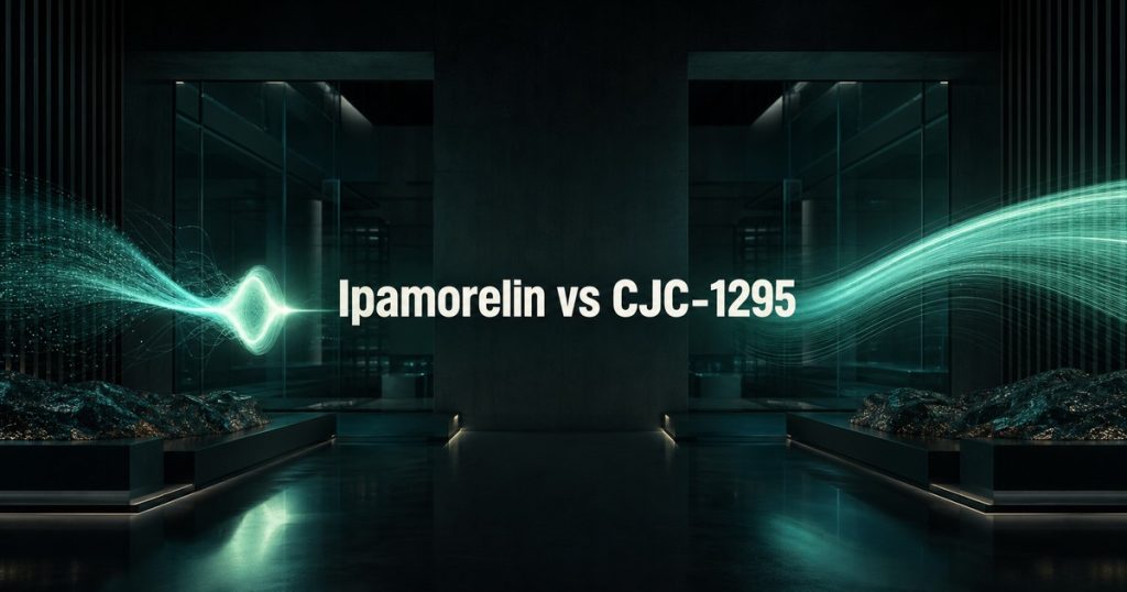 Abstract teal pathways behind the title Ipamorelin vs CJC-1295