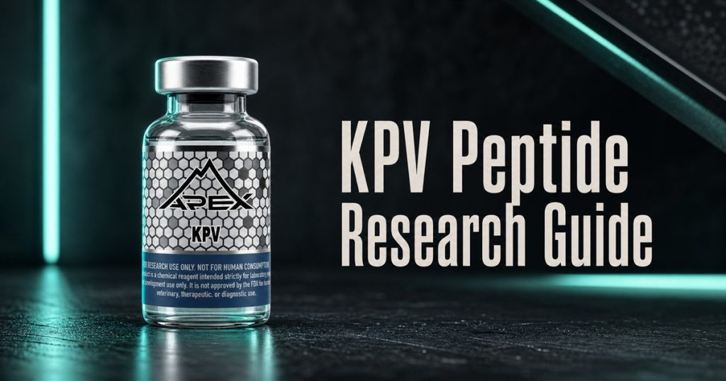 Apex KPV vial beside the title KPV Peptide Research Guide in a dark teal laboratory scene