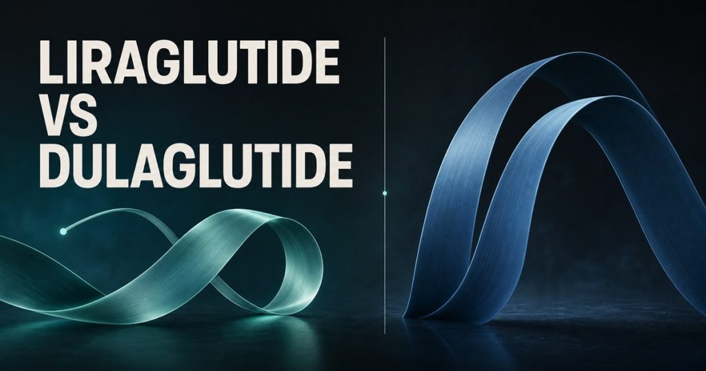 Liraglutide versus Dulaglutide title with abstract teal and blue ribbons representing distinct engineering strategies