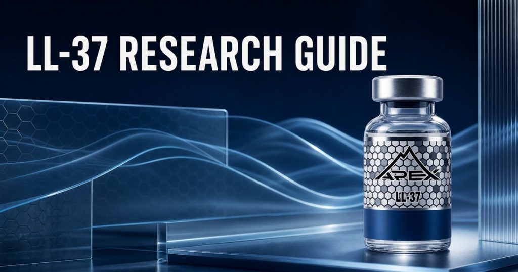 Editorial artwork of an Apex LL-37 research vial with abstract layered blue barrier forms, titled LL-37 Research Guide.