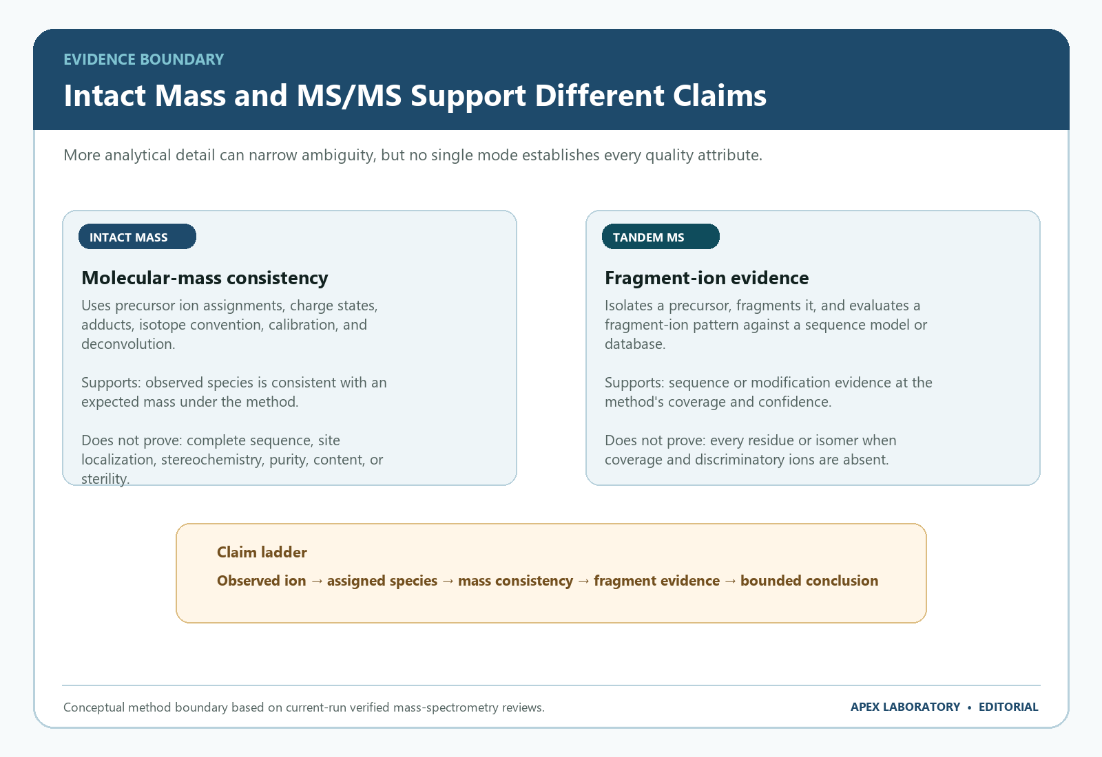 Evidence boundary between intact-mass consistency and tandem mass spectrometry fragment evidence