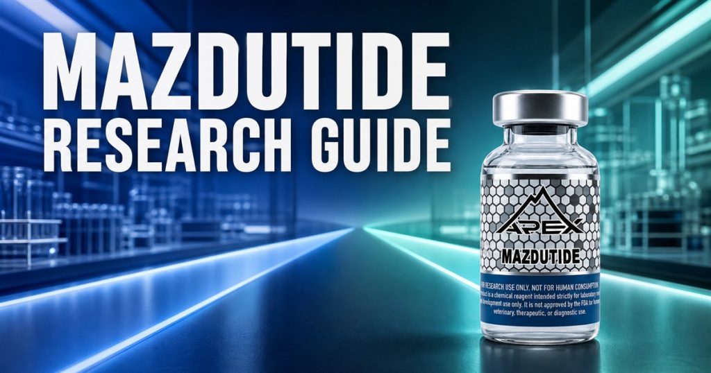 Apex Mazdutide research vial in abstract blue and teal lanes beneath the title Mazdutide Research Guide.