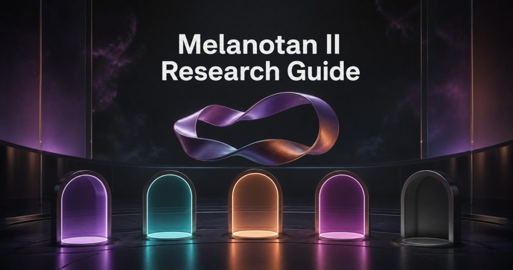 Abstract cyclic ribbon and five receptor portals behind the title Melanotan II Research Guide