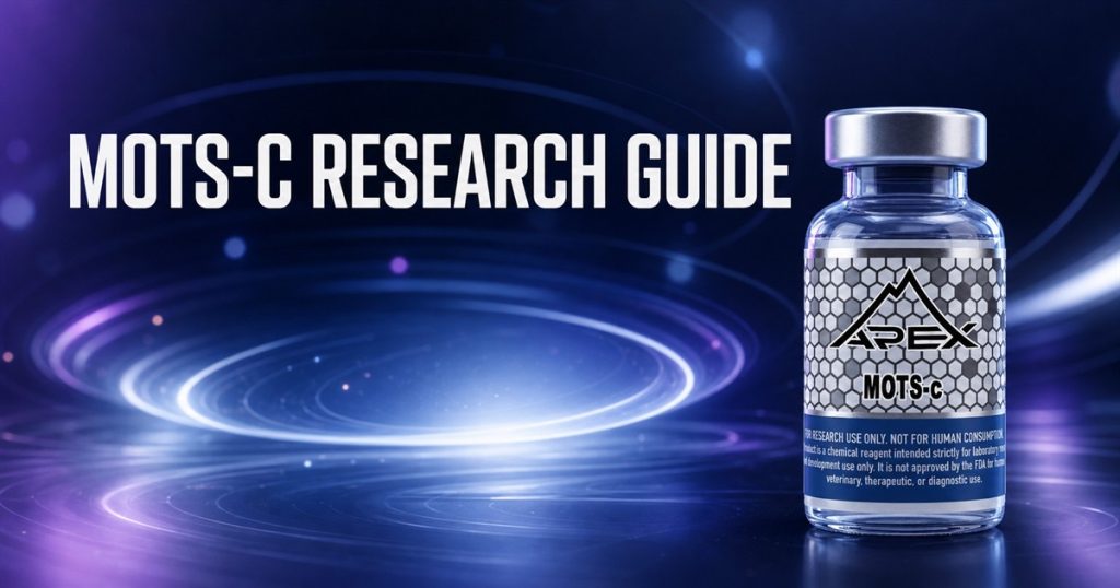 Apex MOTS-C research vial in an abstract blue and amethyst scene beneath the title MOTS-C Research Guide.