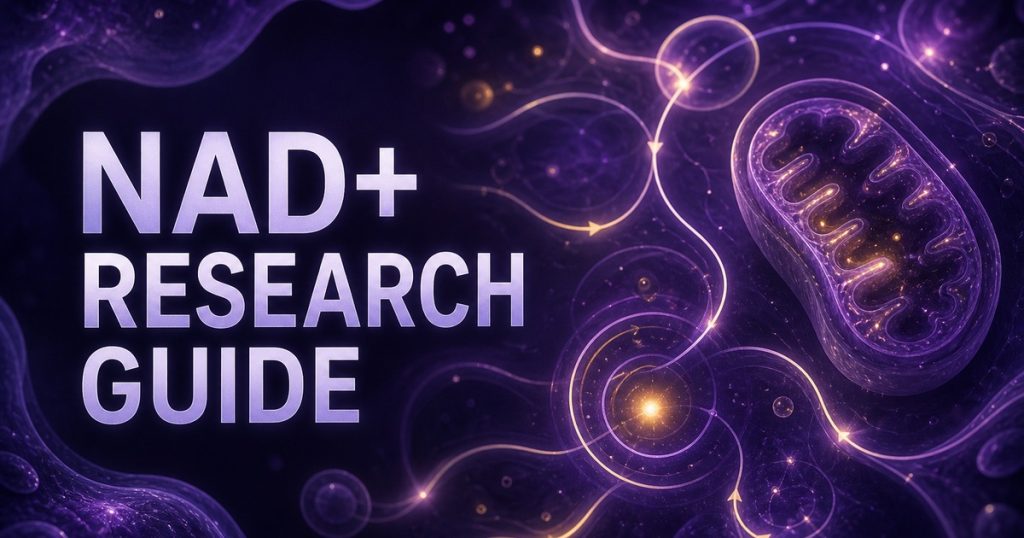 Conceptual NAD+ research guide cover with a glowing mitochondrial scene and integrated title