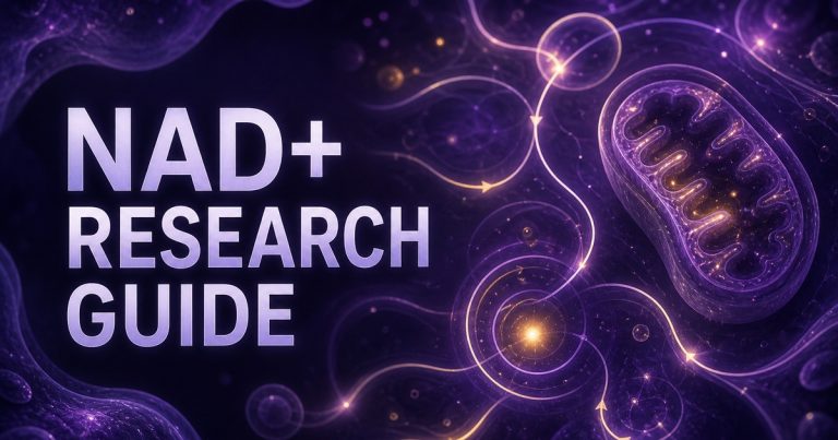 Conceptual NAD+ research guide cover with a glowing mitochondrial scene and integrated title