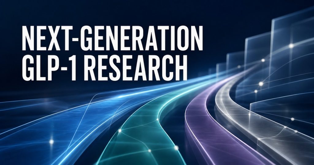 Abstract blue, teal, amethyst, and silver research lanes beneath the title Next-Generation GLP-1 Research