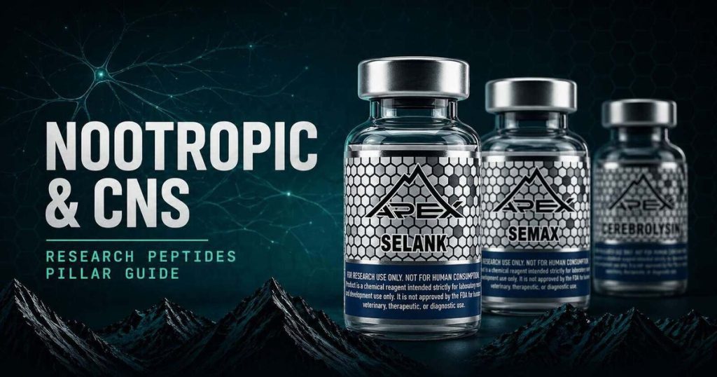 Existing editorial cover for the nootropic and CNS research pillar with Selank, Semax, and Cerebrolysin vials