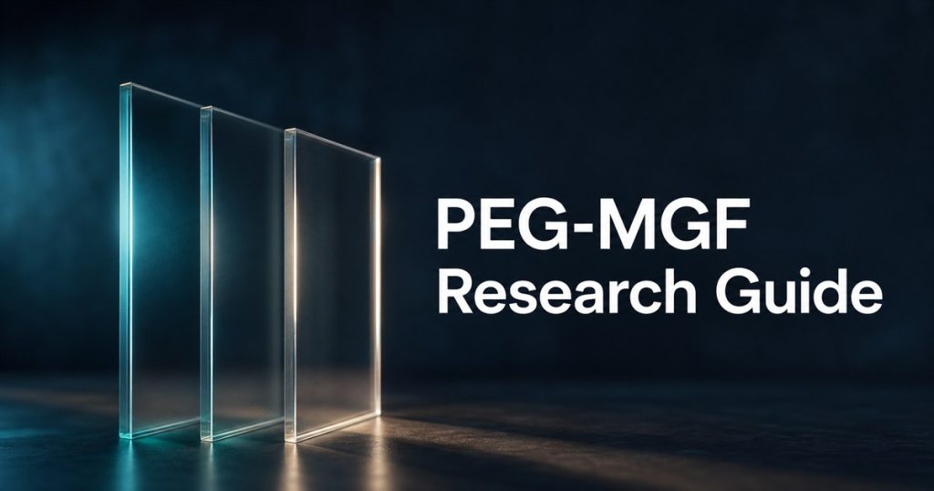 Three separate translucent glass panels beside the title PEG-MGF Research Guide
