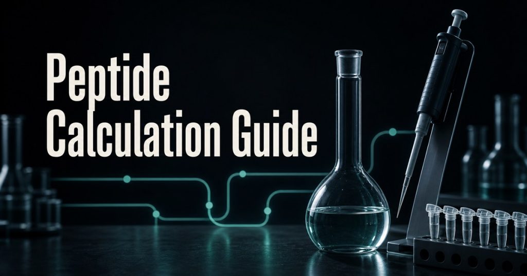 Laboratory volumetric flask, pipette, and capped tubes beside the title Peptide Calculation Guide