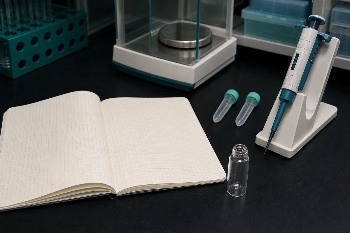 Laboratory notebook, micropipette, balance, sample tubes, and an unlabeled vial on a controlled bench