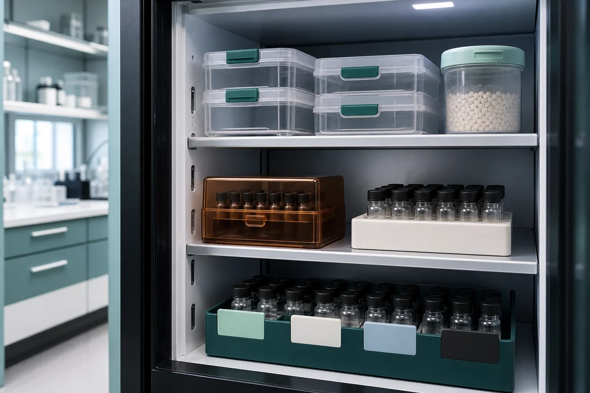 Organized laboratory cold cabinet with sealed containers, an amber sample box, desiccant, and unlabeled research vials