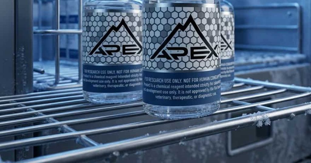 Apex research vials on a frosted shelf inside a laboratory cold cabinet