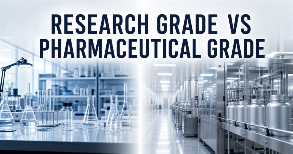 Research bench and pharmaceutical manufacturing environment titled Research Grade vs Pharmaceutical Grade