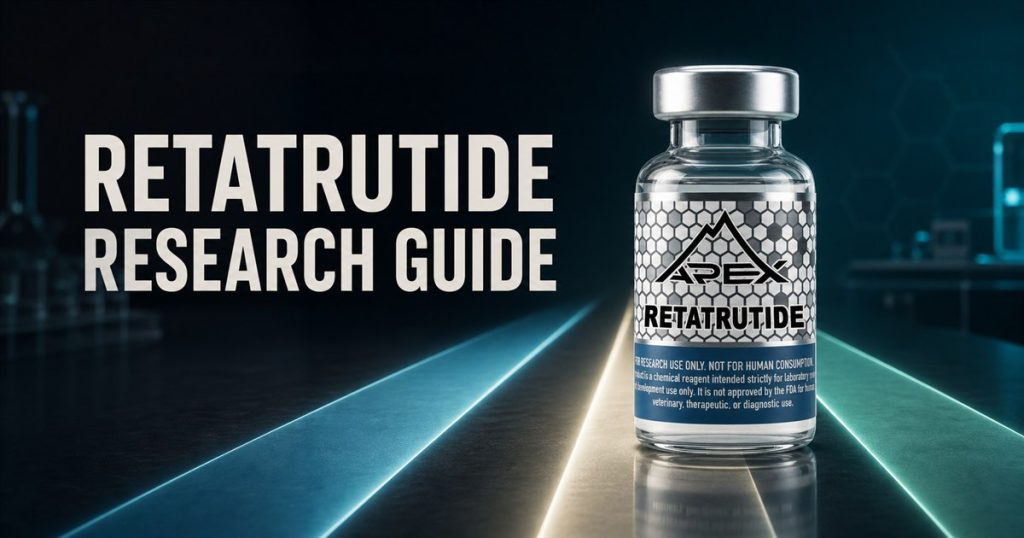 Apex Retatrutide vial beside the integrated title Retatrutide Research Guide in a dark three-lane research scene
