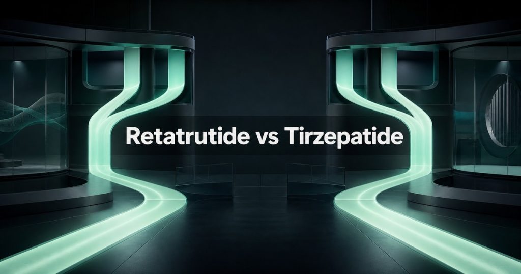 Abstract branching paths behind the title Retatrutide vs Tirzepatide