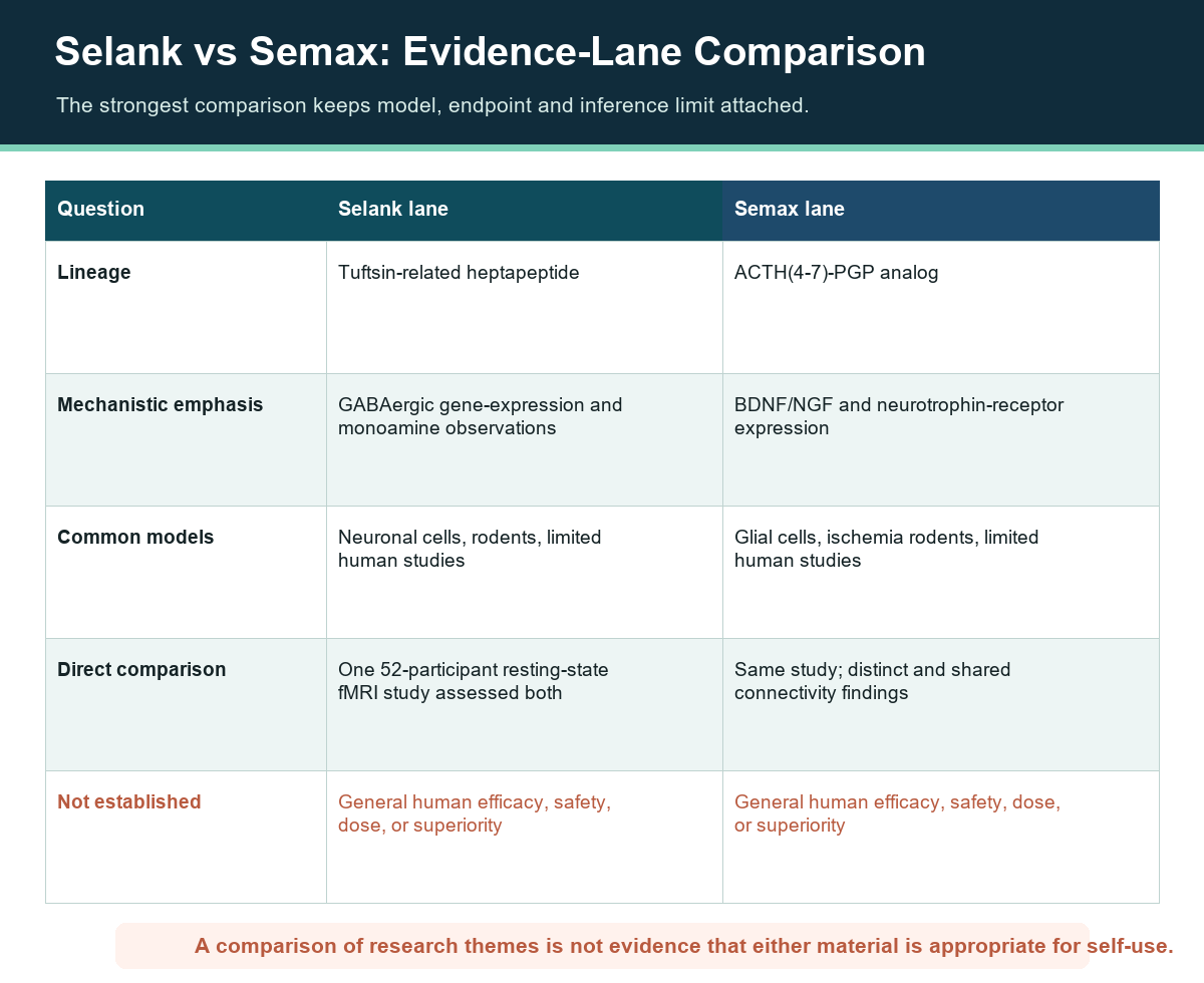 Selank versus Semax matrix comparing lineage, research mechanisms, models, direct evidence and unresolved questions