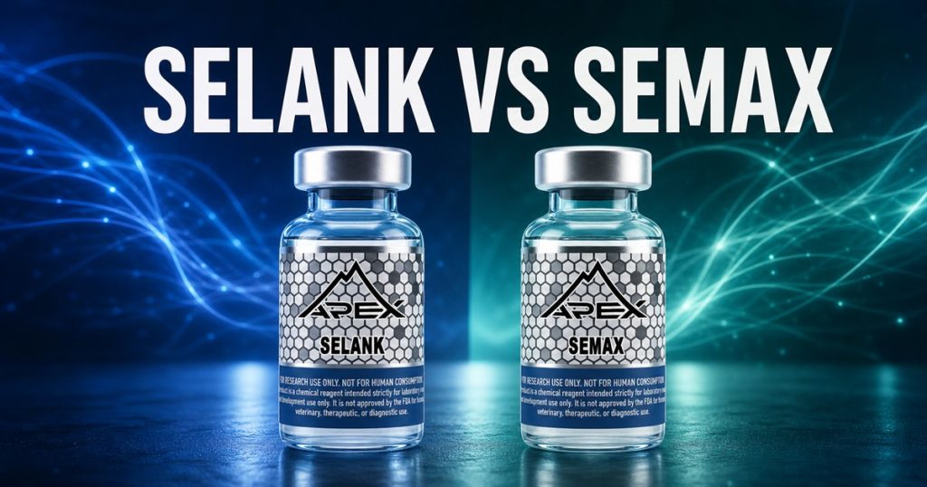 Editorial artwork of distinct Apex Selank and Semax research vials beneath the title Selank vs Semax.