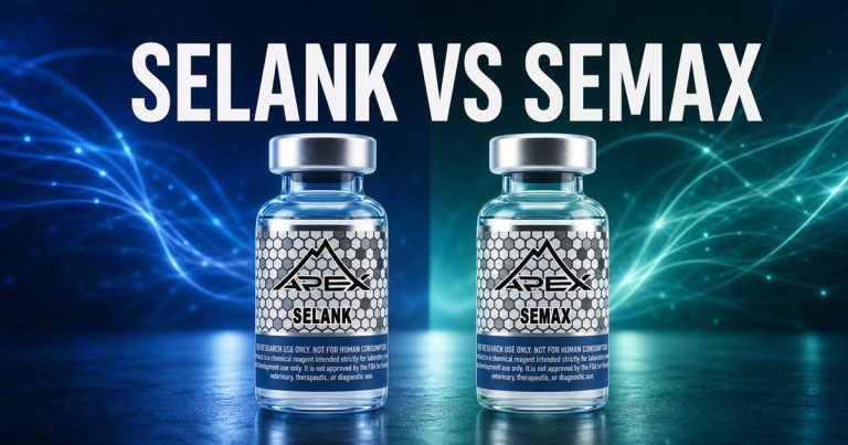 Editorial artwork of distinct Apex Selank and Semax research vials beneath the title Selank vs Semax.