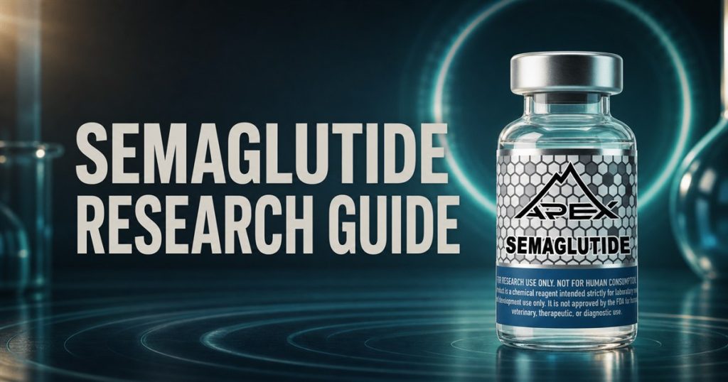 Apex Semaglutide vial beside the integrated title Semaglutide Research Guide in a dark teal laboratory scene