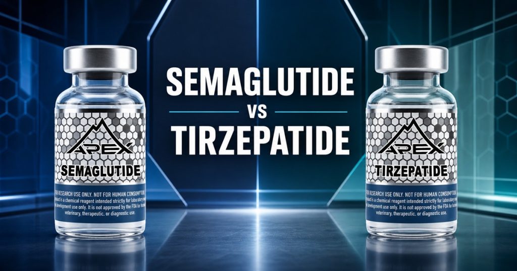 Apex Semaglutide and Tirzepatide vials flanking the title Semaglutide vs Tirzepatide