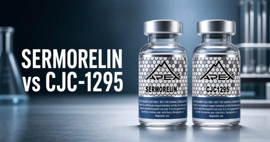 Generated Apex Sermorelin and CJC-1295 vials beside the title Sermorelin vs CJC-1295