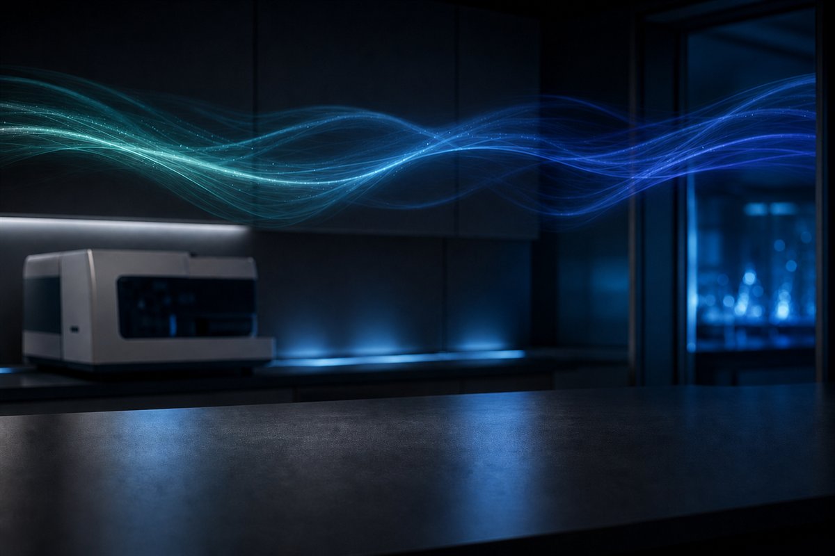 Empty dark laboratory with abstract teal and blue light ribbons above a blurred instrument