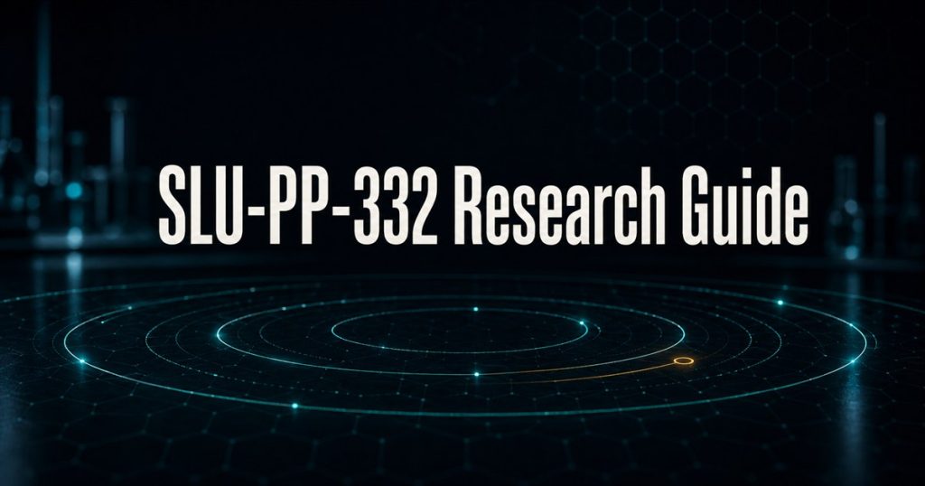 Conceptual dark laboratory scene with orbital light paths beneath the title SLU-PP-332 Research Guide