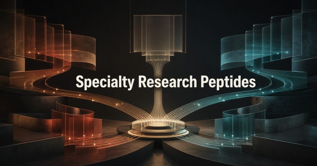 Abstract converging research pathways behind the title Specialty Research Peptides