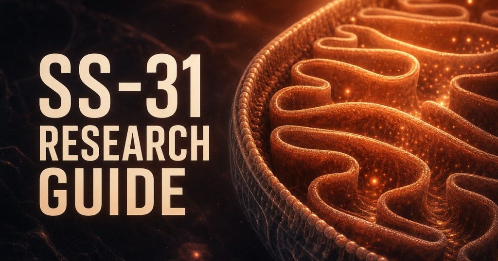 Conceptual SS-31 research guide cover with a glowing mitochondrial membrane scene and integrated title
