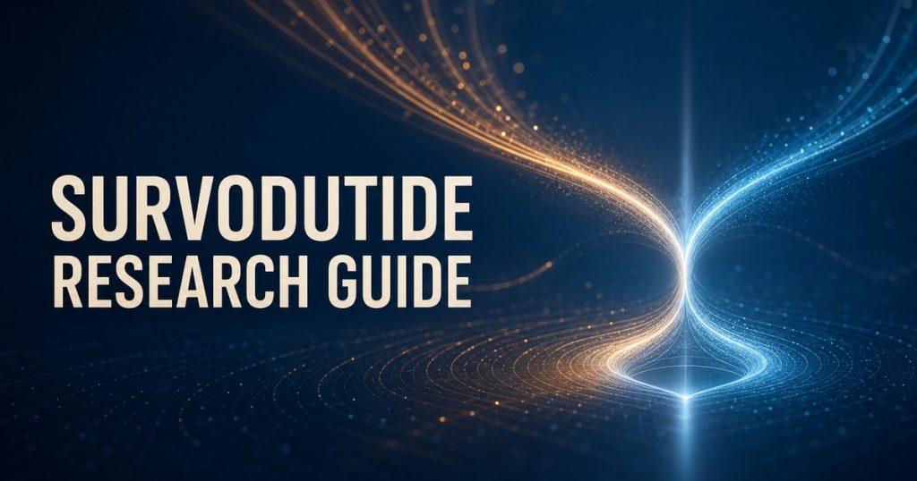 Conceptual Survodutide research guide cover with amber and blue signal paths converging beside the integrated title
