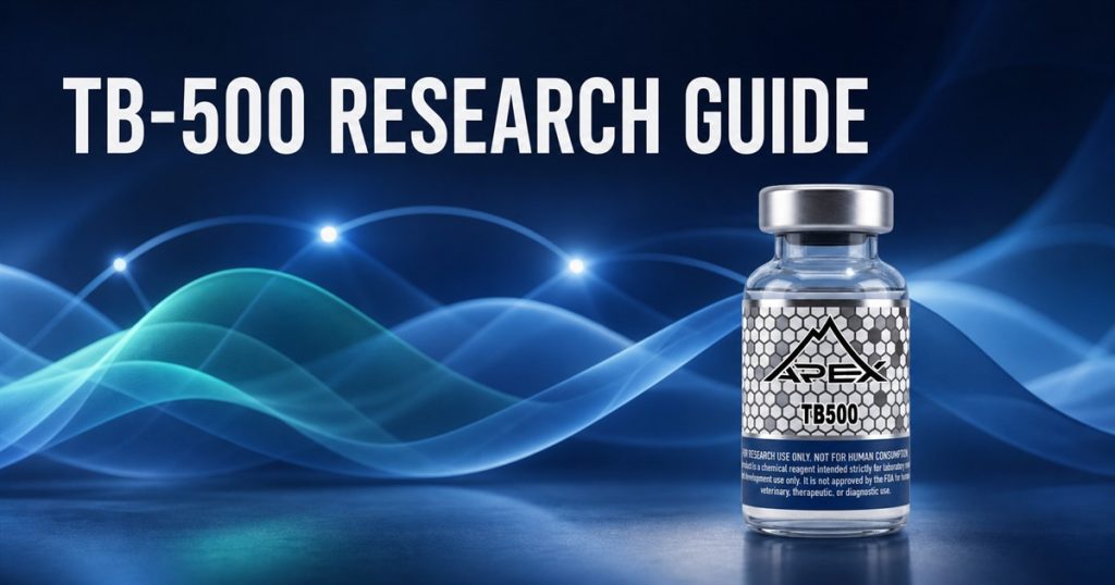 Editorial artwork of an Apex TB-500 research vial with abstract blue ribbons and the title TB-500 Research Guide.