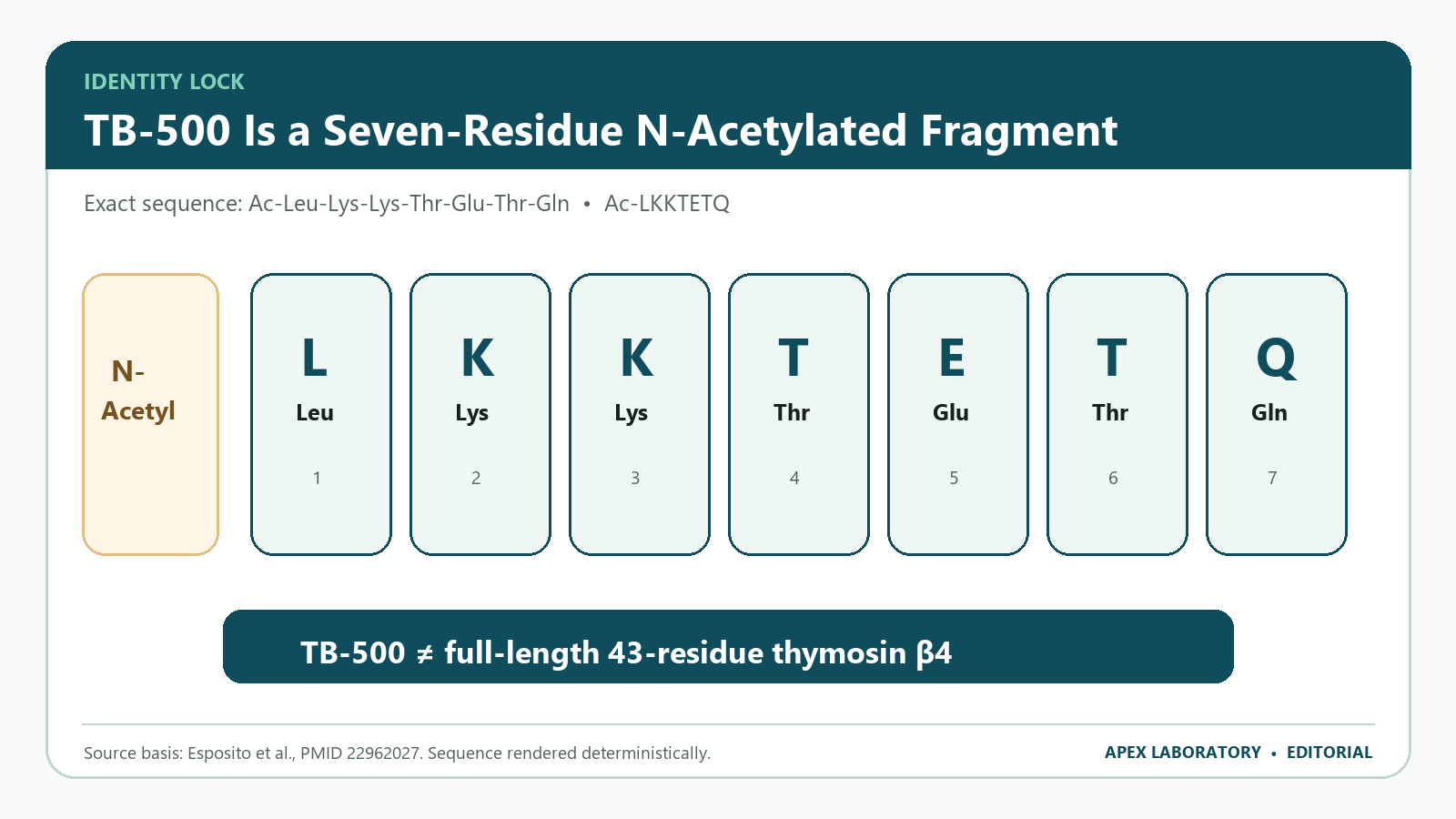 TB-500 identity card showing the seven-residue N-acetylated sequence Ac-Leu-Lys-Lys-Thr-Glu-Thr-Gln