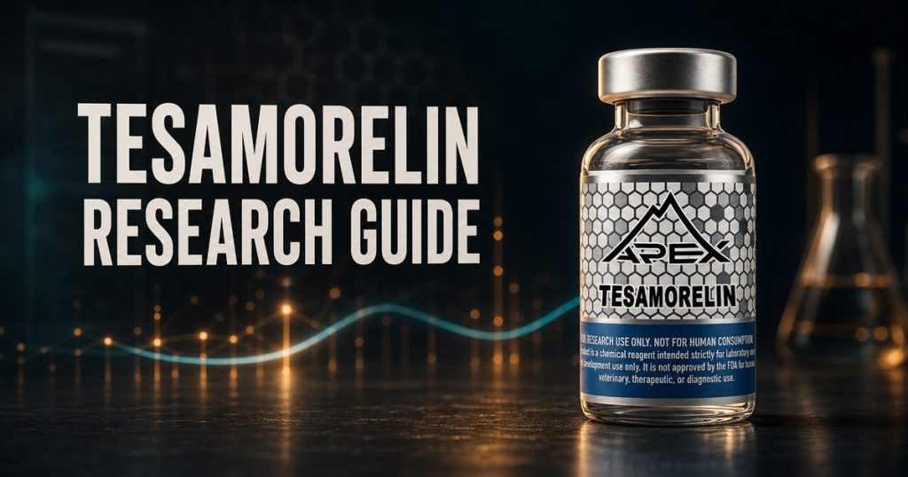 Apex Tesamorelin vial beside the integrated title Tesamorelin Research Guide in an amber and teal laboratory scene