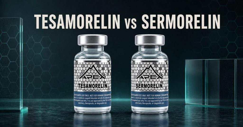 Balanced generated Apex Tesamorelin and Sermorelin vials beneath the title Tesamorelin vs Sermorelin