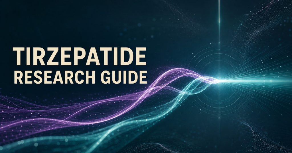Conceptual Tirzepatide research guide cover with violet and aqua signal paths converging beside the integrated title