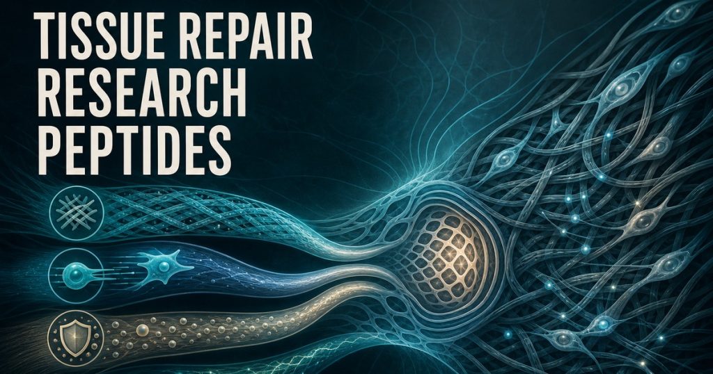 Conceptual extracellular-matrix research pathways beside the integrated title Tissue Repair Research Peptides