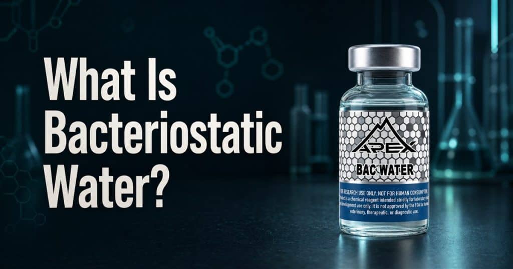 Apex BAC Water vial beside a What Is Bacteriostatic Water? title on a dark teal laboratory backdrop