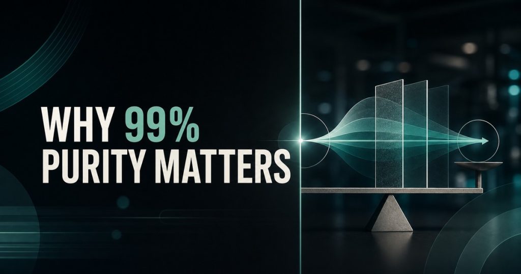 Conceptual analytical balance beside the integrated title Why 99% Purity Matters