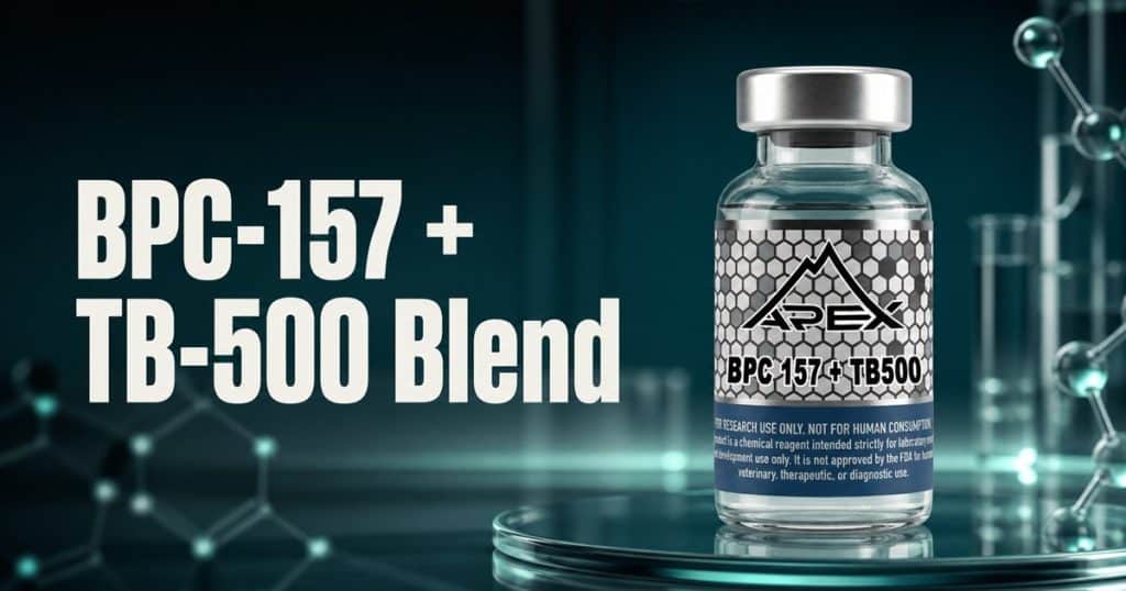 Editorial cover showing a BPC-157 and TB-500 blend vial beside the words BPC-157 + TB-500 Blend