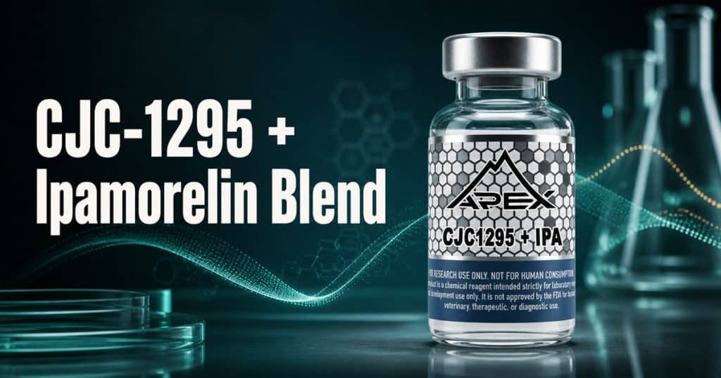 Labelled CJC-1295 and ipamorelin research vial on a dark laboratory bench beside the title CJC-1295 + Ipamorelin Blend