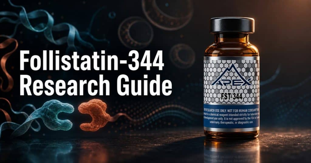 Follistatin-344 vial beside the title Follistatin-344 Research Guide in an abstract protein-binding scene