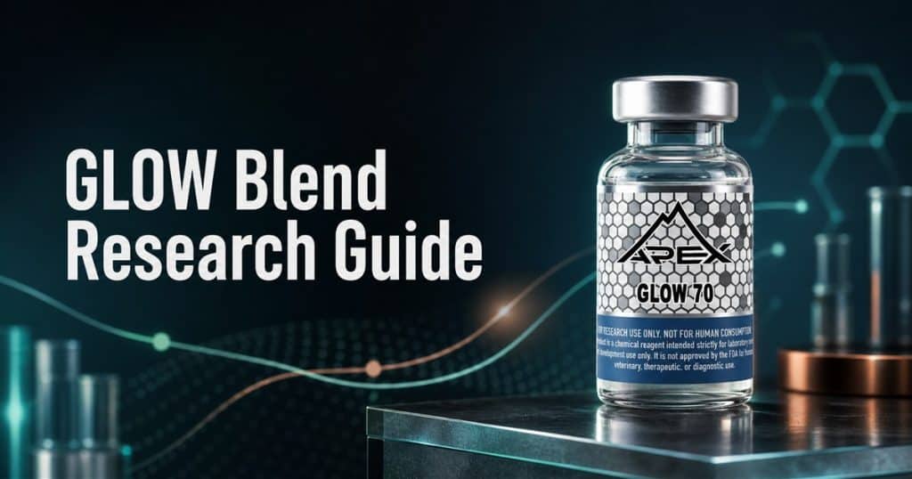 GLOW 70 research vial beside the words GLOW Blend Research Guide in a dark teal laboratory scene