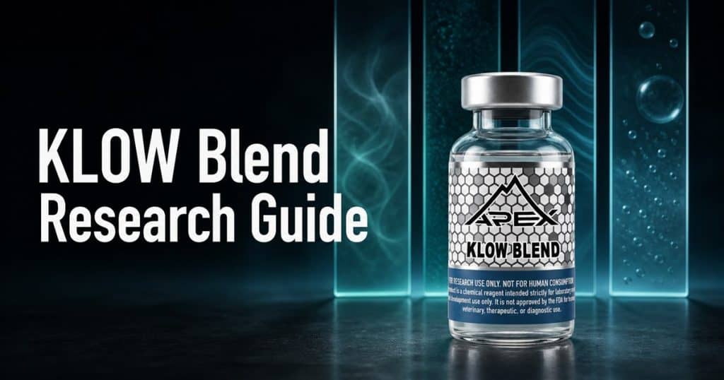 KLOW Blend vial beside the title KLOW Blend Research Guide in a teal editorial scene