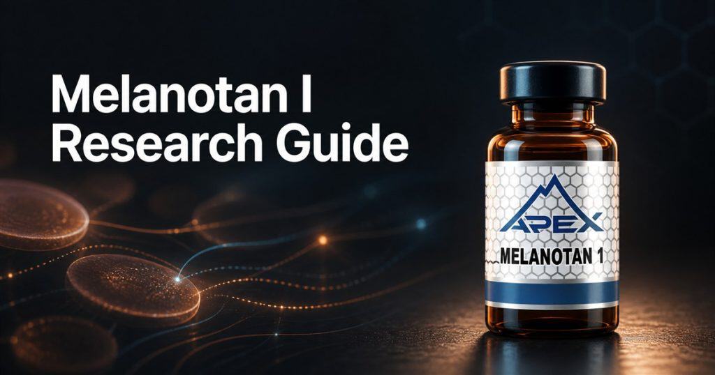 Melanotan I vial beside the title Melanotan I Research Guide in a dark receptor-research scene